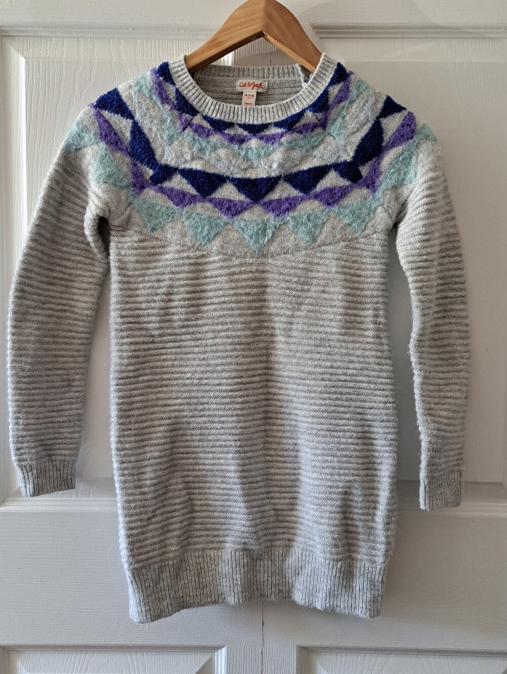 Cat & Jack Light Gray Fair Isle Crewneck Sweater Dress with Blue and Purple Yoke